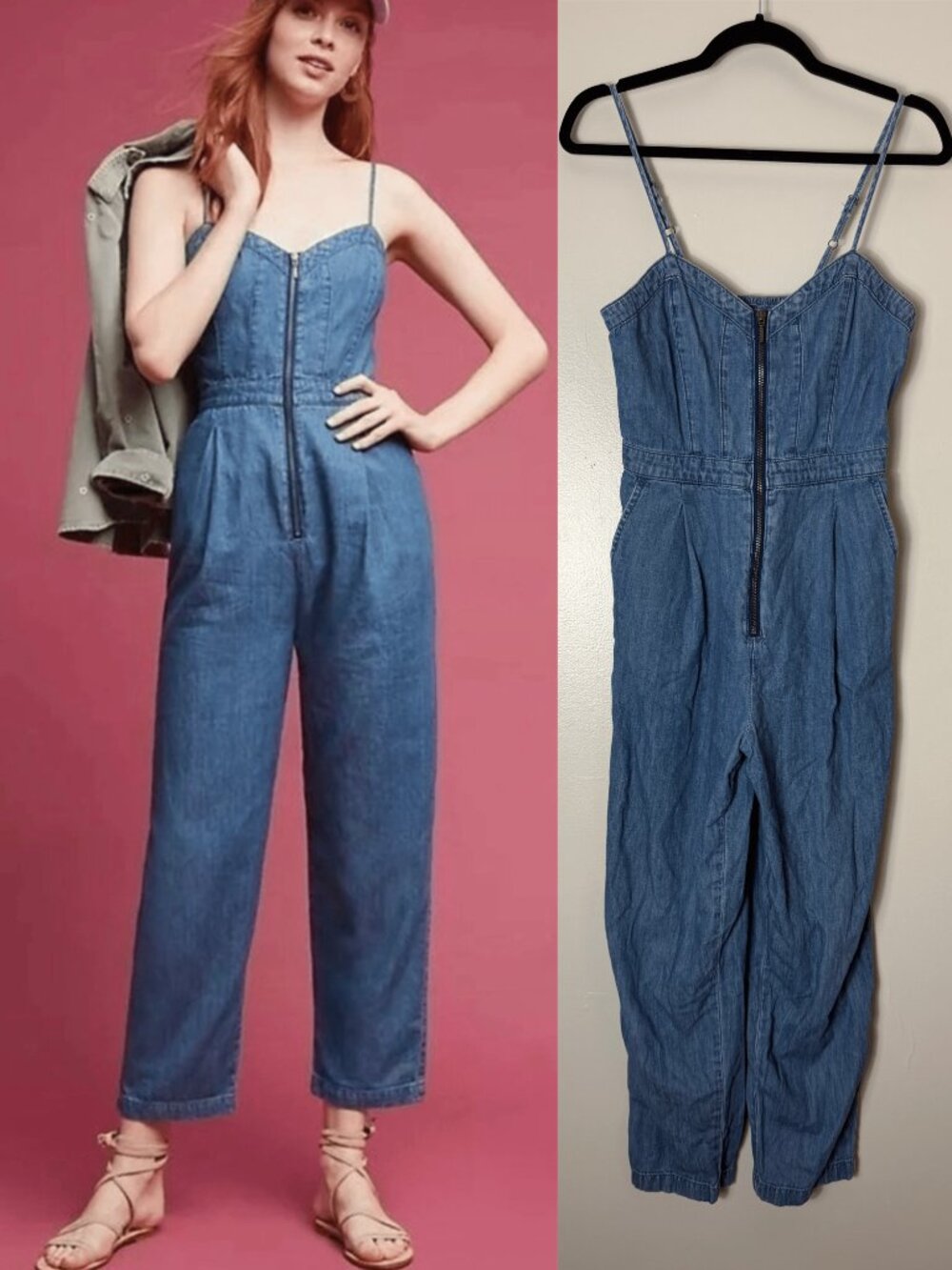 Anthropologie Jumpsuit Blue Denim Chambray Stretch Zip Front Ruched Back